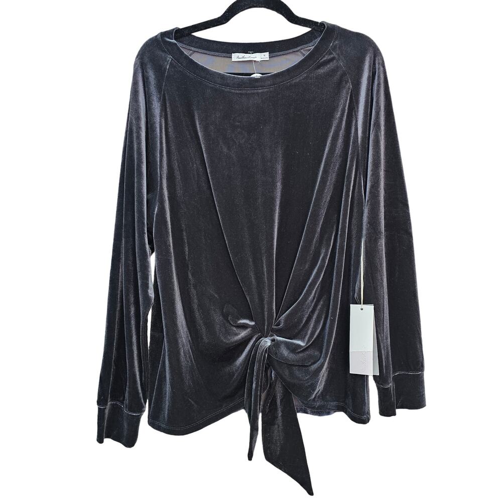 Another Love Velour Sweater Top Womens Medium Charcoal Grey Tie Front Party NEW